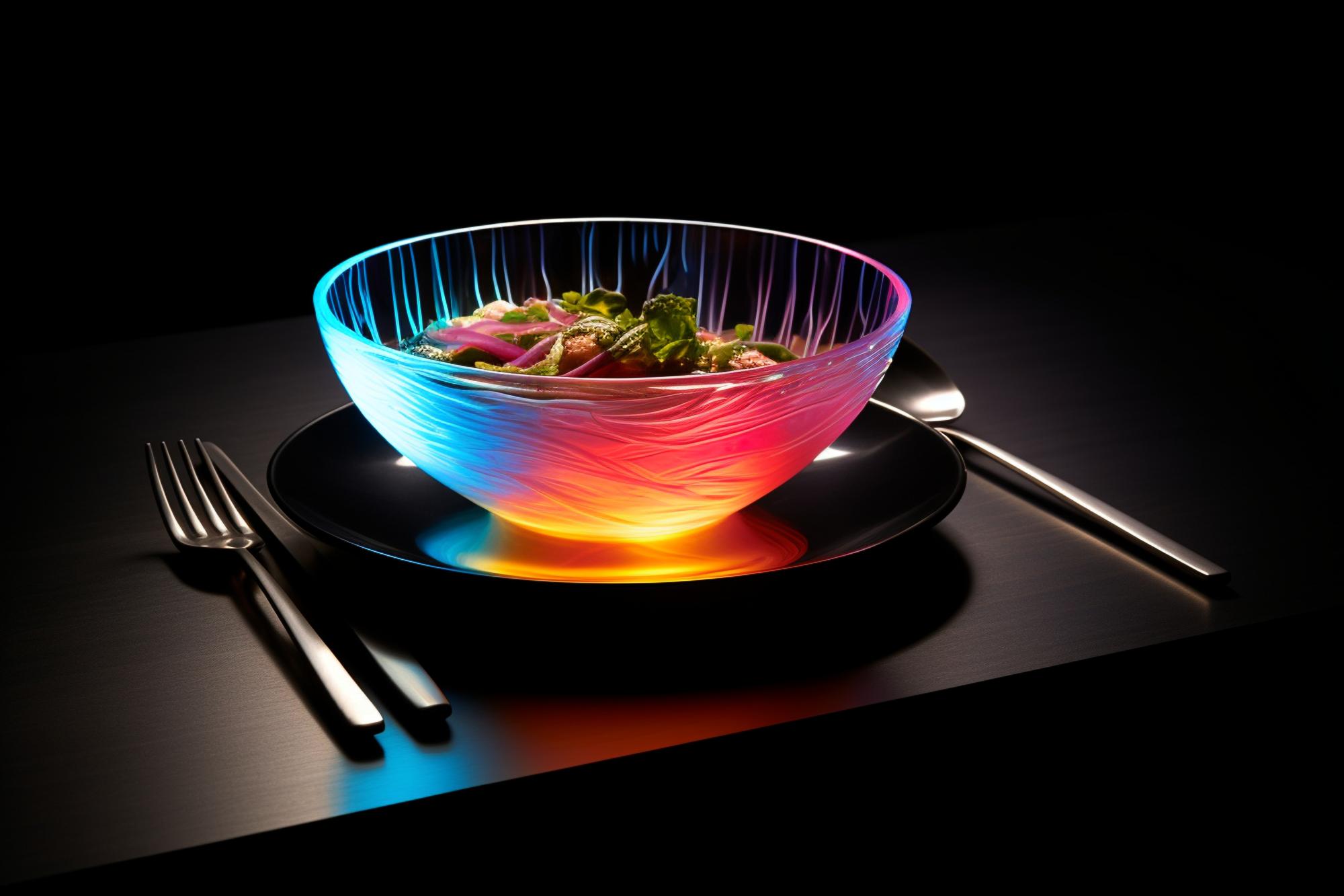Composizione di piatti su superficie scura e luci al neon