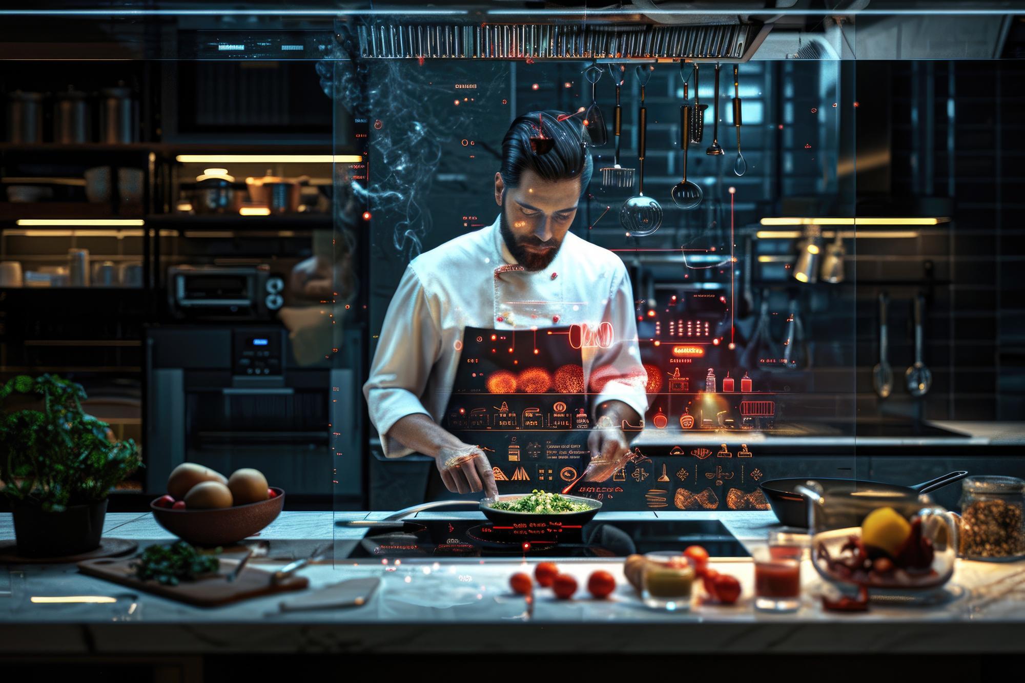 Chef digitale che lavora con strumenti tecnologici in cucina
